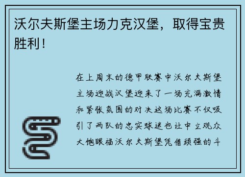 沃尔夫斯堡主场力克汉堡，取得宝贵胜利！