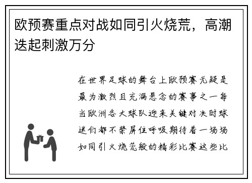 欧预赛重点对战如同引火烧荒，高潮迭起刺激万分