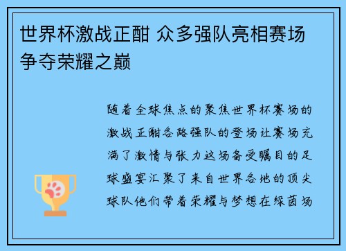 世界杯激战正酣 众多强队亮相赛场 争夺荣耀之巅