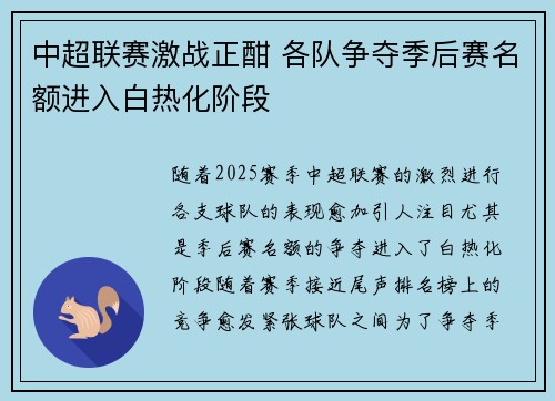 中超联赛激战正酣 各队争夺季后赛名额进入白热化阶段