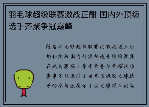 羽毛球超级联赛激战正酣 国内外顶级选手齐聚争冠巅峰