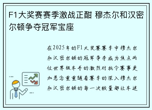 F1大奖赛赛季激战正酣 穆杰尔和汉密尔顿争夺冠军宝座