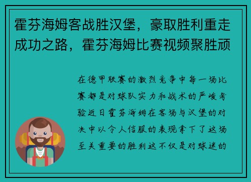 霍芬海姆客战胜汉堡，豪取胜利重走成功之路，霍芬海姆比赛视频聚胜顽球汇