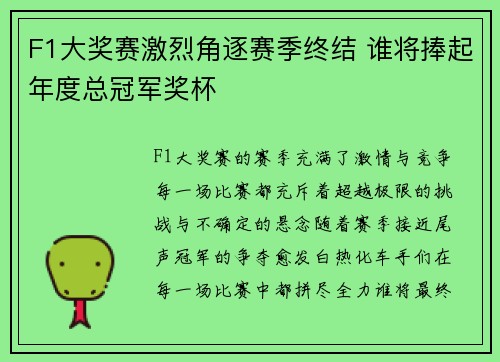 F1大奖赛激烈角逐赛季终结 谁将捧起年度总冠军奖杯